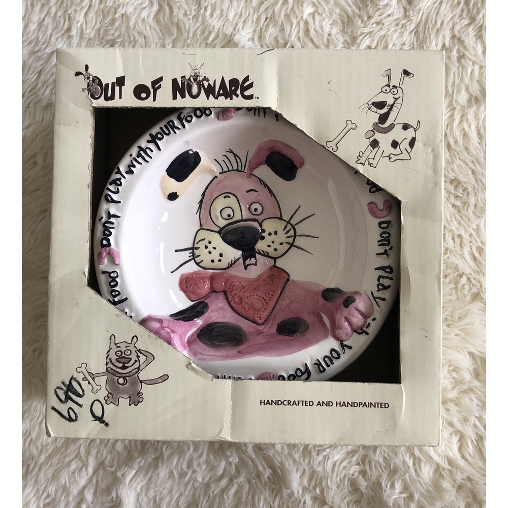 OUT OF NOWARE Hand Painted 8"R x3" 1995 DON'T PLAY WITH YOUR FOOD Dog Pet Bowl